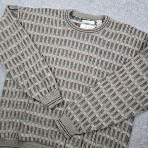 Haggar Sweater Mens Large Gray Red Green Textured Geometric Knit Made in Italy